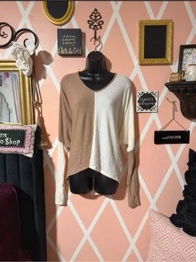 Elan Beige and Cream Colorblock V-Neck Dolman Top